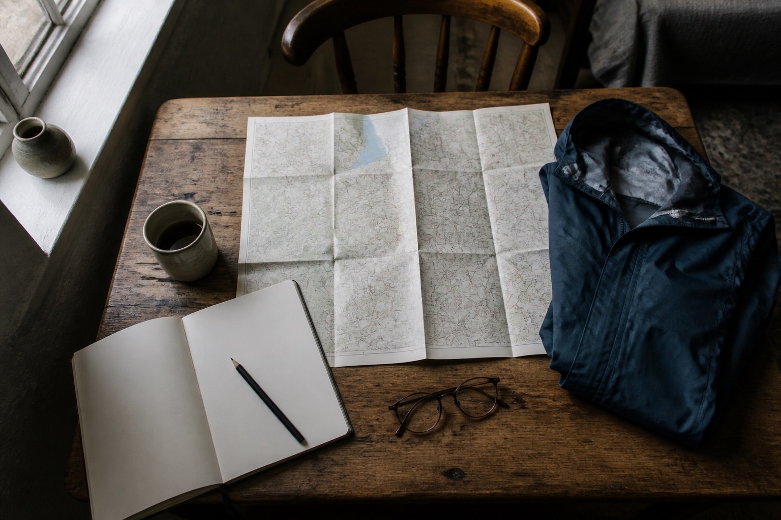 Blank travel notebook and map arranged for careful trip planning
