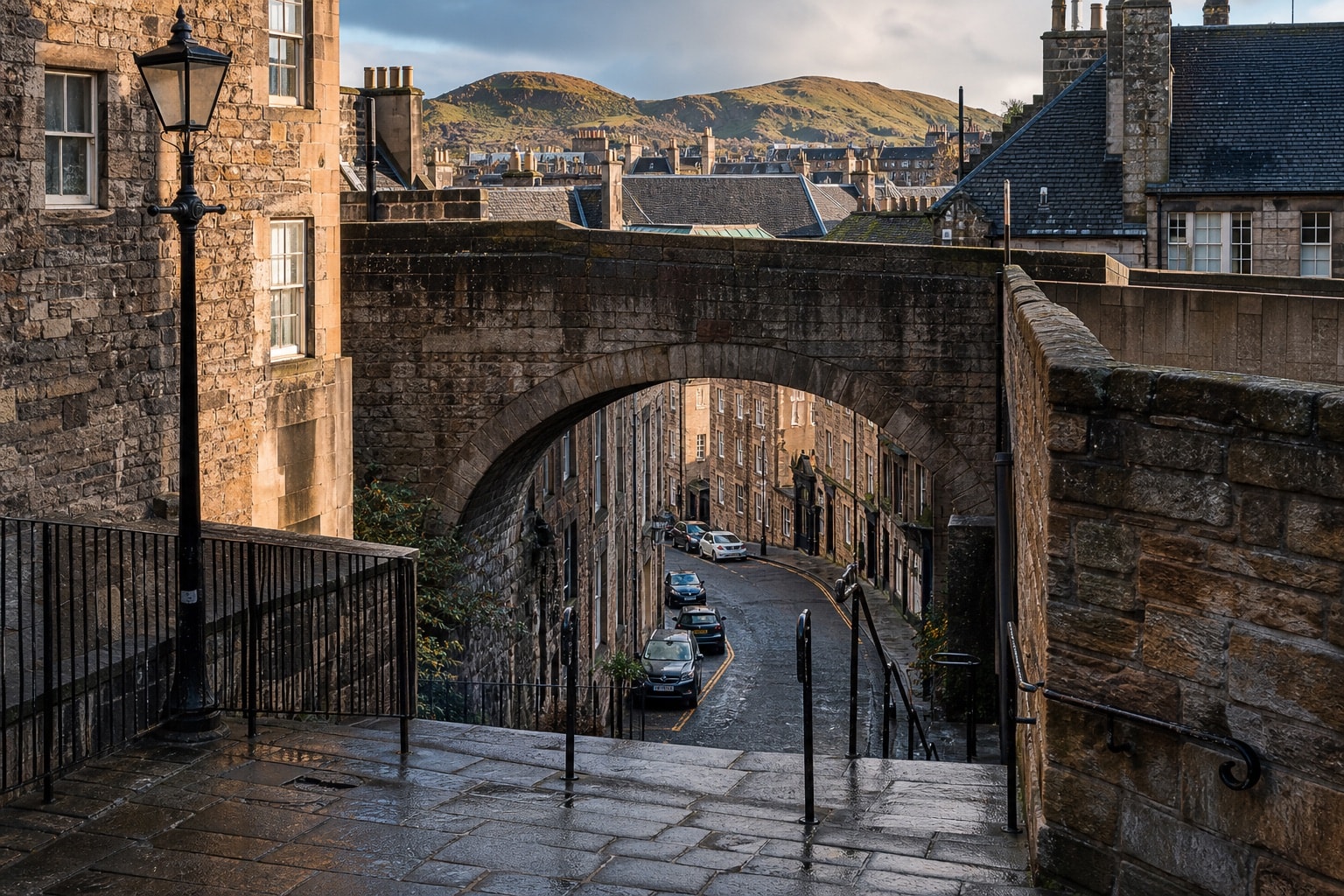 Stone steps and arches revealing Edinburgh's layered street levels