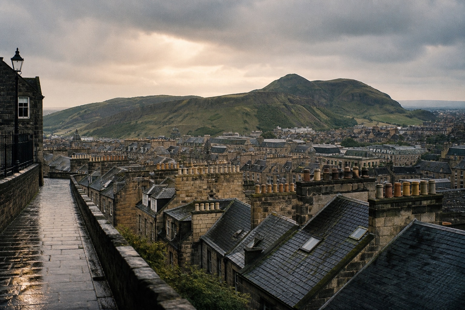Layered Edinburgh rooftops and stone ridges beneath a clearing rain sky