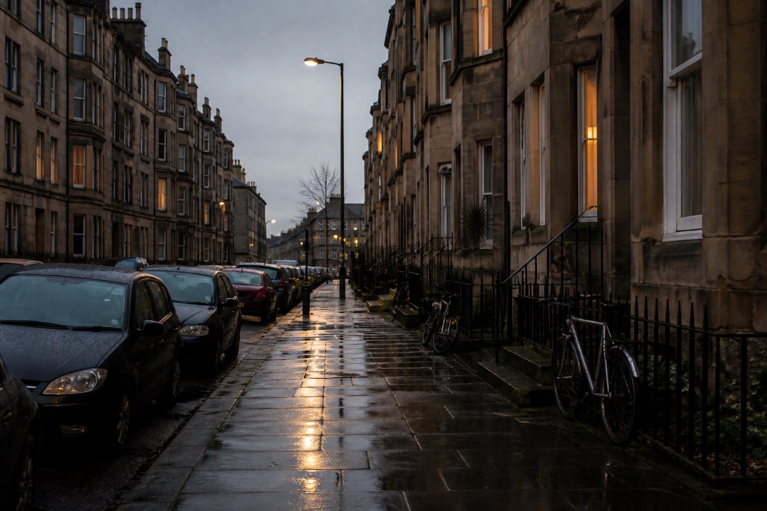 A quiet Edinburgh street at morning light after rain