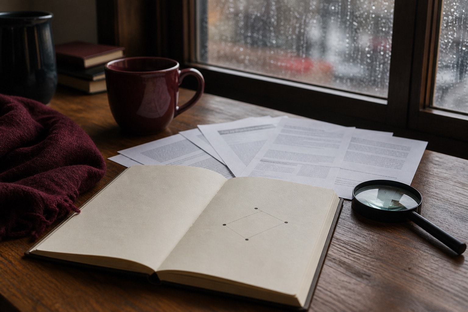 Notebook and magnifying glass arranged for comparing review details