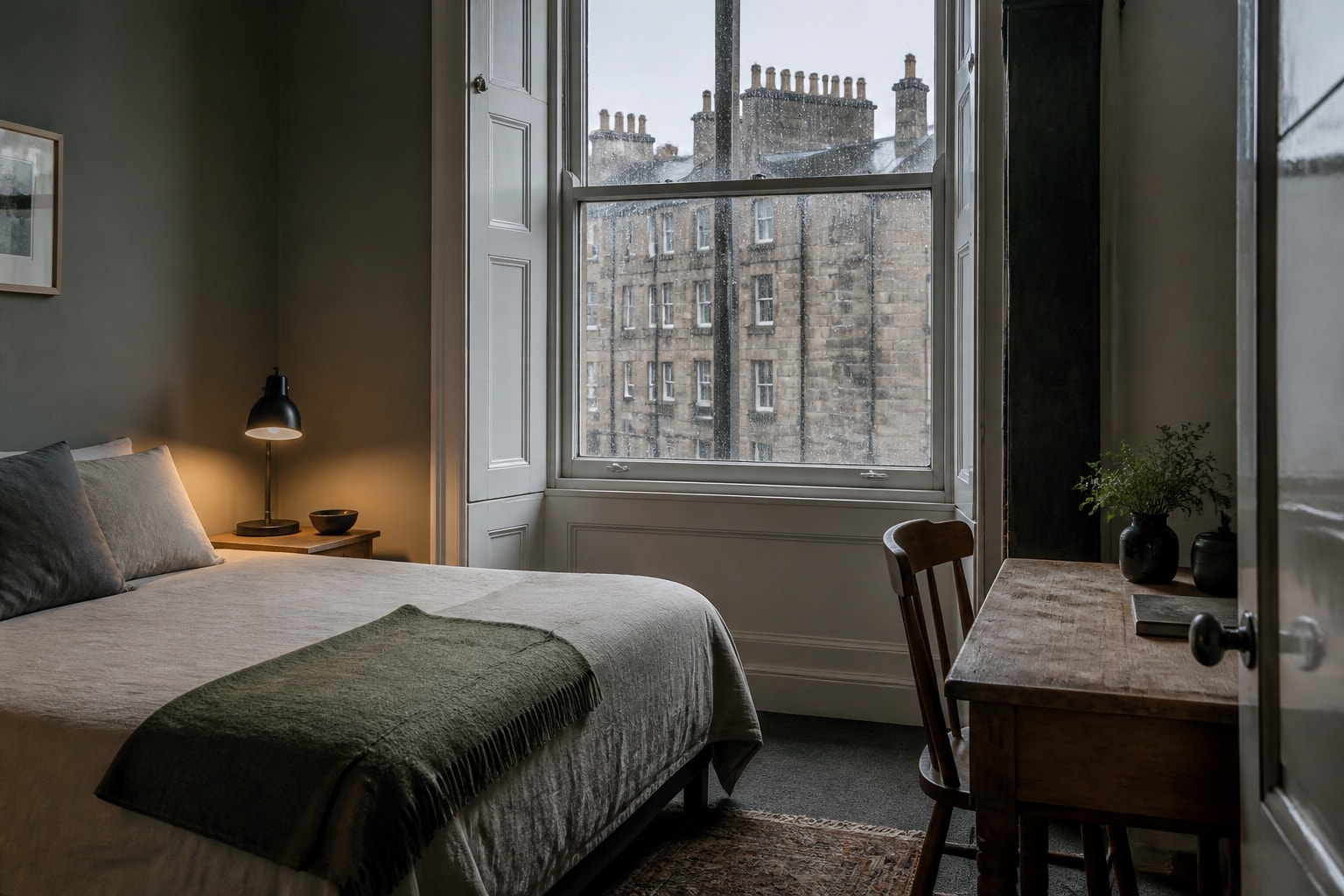 Quiet guest room with a sash window, desk and simple wool textiles