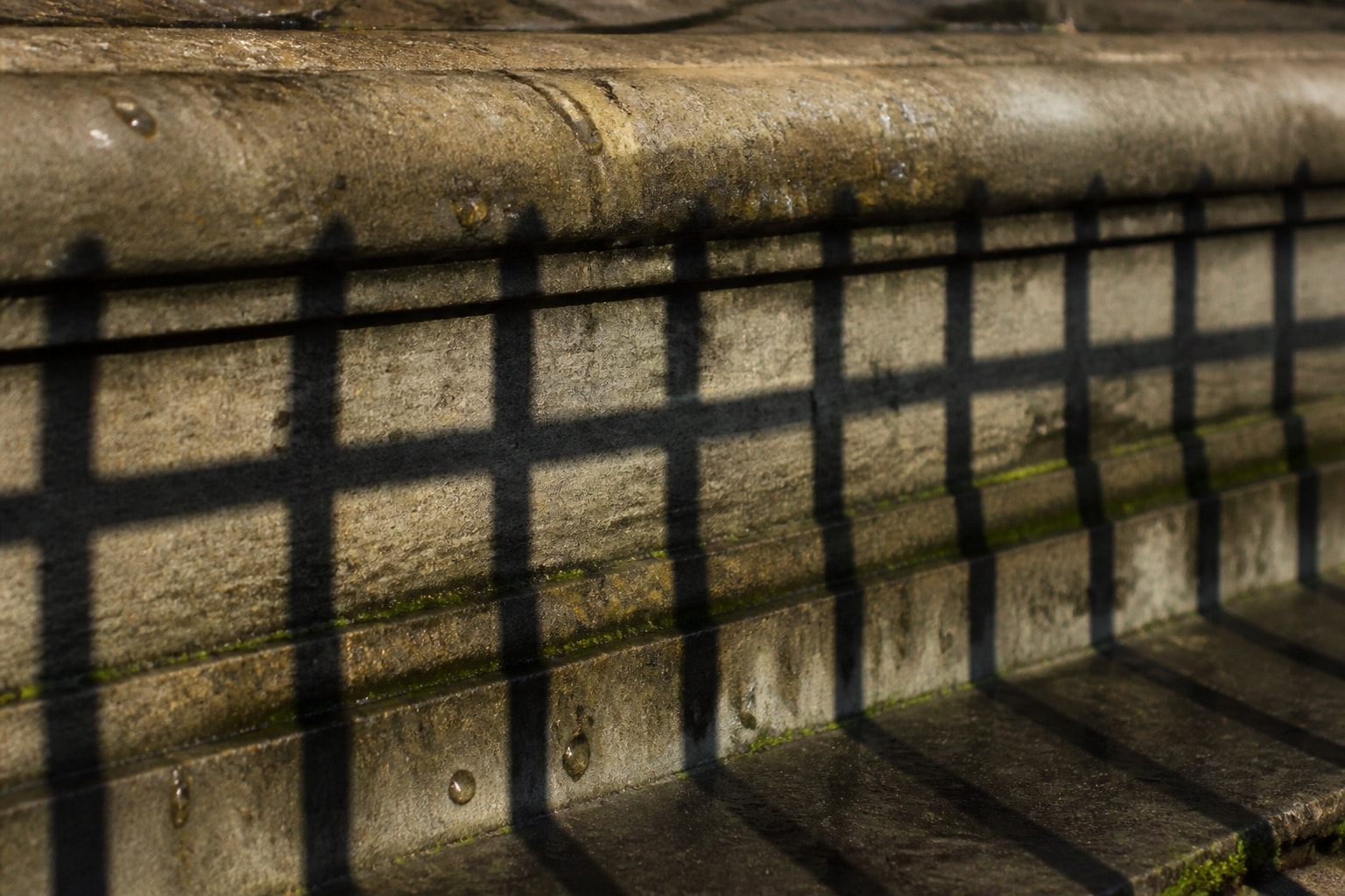 Weathered sandstone and an iron railing shadow after rain