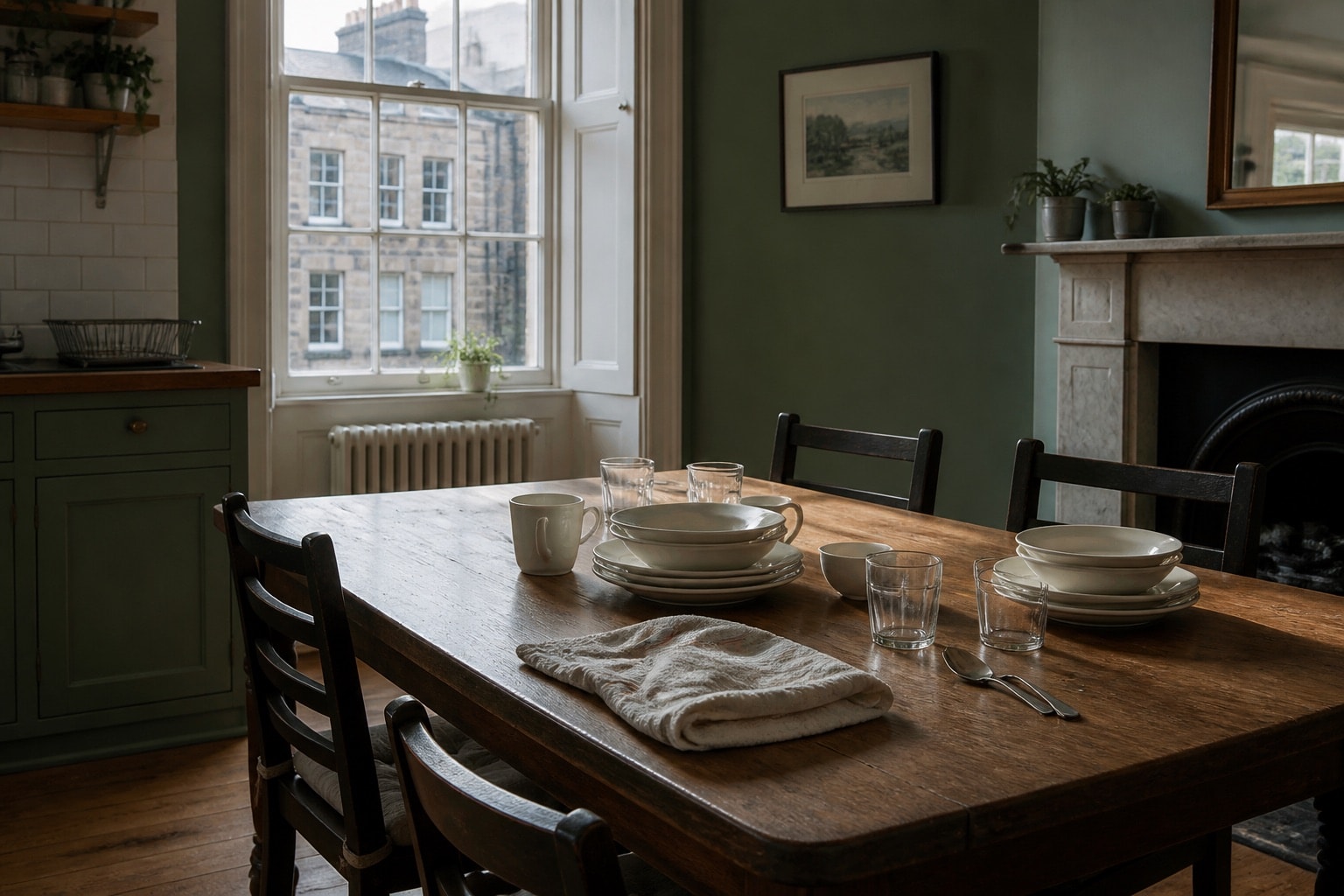 A shared wooden table left clear and orderly after breakfast